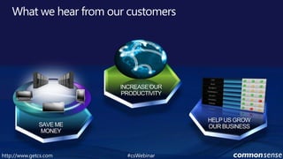 What we hear from our customersINCREASE OURPRODUCTIVITYHELP US GROWOUR BUSINESSSAVE ME MONEY#csWebinarhttp://www.getcs.com	