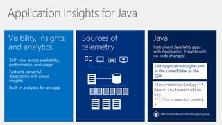 Visibility, insights,
and analytics
Sources of
telemetry
<InstrumentationKey>**
Azure instrumentation
key
**</InstrumentationKey
>
Java
Microsoft/ApplicationInsights-java
 
