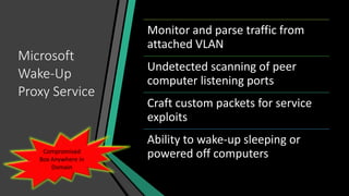 Microsoft
Wake-Up
Proxy Service
Monitor and parse traffic from
attached VLAN
Undetected scanning of peer
computer listening ports
Craft custom packets for service
exploits
Ability to wake-up sleeping or
powered off computersCompromised
Box Anywhere in
Domain
 