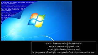 Aaron Rosenmund - @Arosenmund
aaron.rosenmund@gmail.com
https://github.com/arosenmund
https://www.pluralsight.com/profile/author/aaron-rosenmund
 