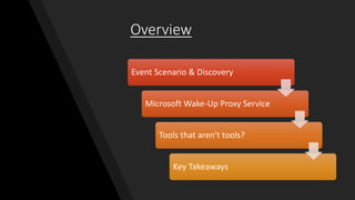 Overview
Event Scenario & Discovery
Microsoft Wake-Up Proxy Service
Tools that aren't tools?
Key Takeaways
 