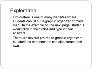 ExploratreeExploratree is one of many websites where students can fill out a graphic organizer or mind map.  In the example on the next page, students would click in the circles and type in their answers.There are several pre-made graphic organizers, but students and teachers can also create their own.
