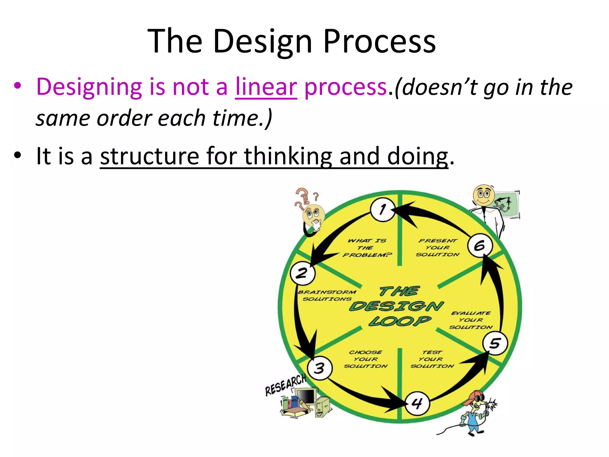 The Design Process
• Designing is not a linear process.(doesn’t go in the
same order each time.)
• It is a structure for thinking and doing.
 