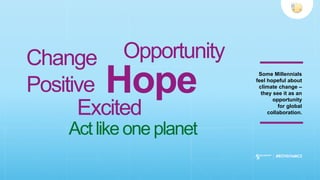 Some Millennials
feel hopeful about
climate change –
they see it as an
opportunity
for global
collaboration.
Hope
Actlike one planet
OpportunityChange
Excited
Positive
 