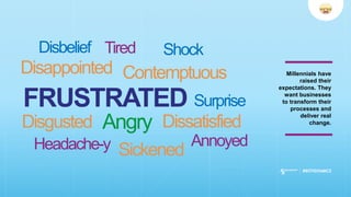 Angry
FRUSTRATED
Disappointed Contemptuous
Disgusted
Sickened
Dissatisfied
Tired
AnnoyedHeadache-y
Shock
Surprise
Disbelief
Millennials have
raised their
expectations. They
want businesses
to transform their
processes and
deliver real
change.
 