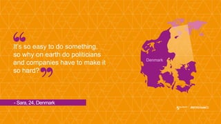- Sara, 24, Denmark
It’s so easy to do something,
so why on earth do politicians
and companies have to make it
so hard?
Denmark
 