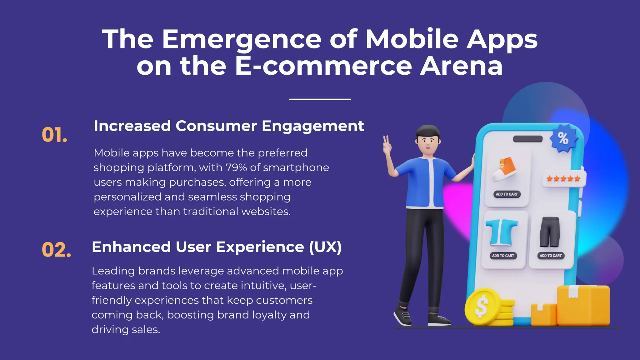 The Emergence of Mobile Apps
on the E-commerce Arena
01.
Mobile apps have become the preferred
shopping platform, with 79% of smartphone
users making purchases, offering a more
personalized and seamless shopping
experience than traditional websites.
02.
Leading brands leverage advanced mobile app
features and tools to create intuitive, user-
friendly experiences that keep customers
coming back, boosting brand loyalty and
driving sales.
Enhanced User Experience (UX)
Increased Consumer Engagement
 