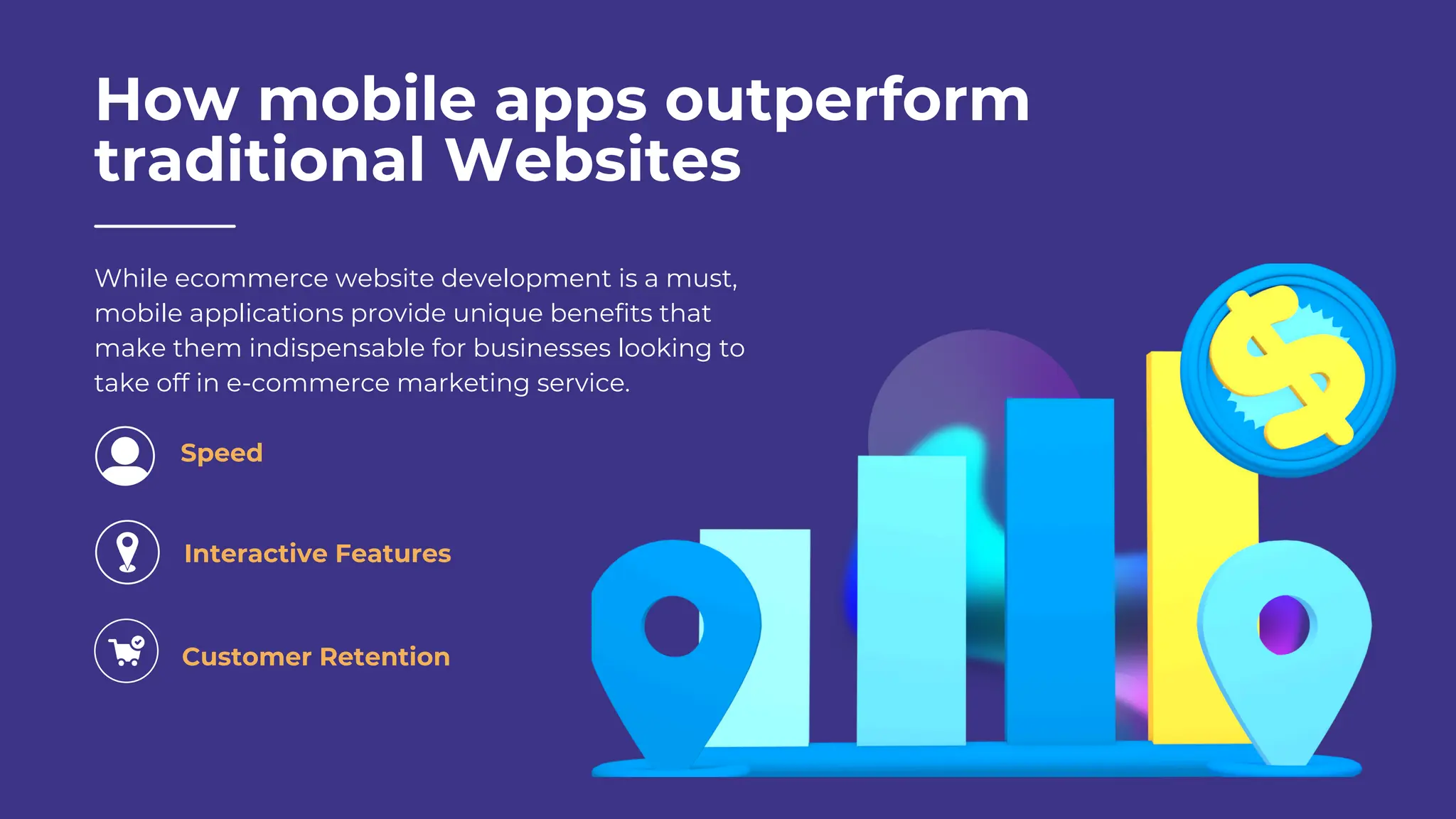 How mobile apps outperform
traditional Websites
While ecommerce website development is a must,
mobile applications provide unique benefits that
make them indispensable for businesses looking to
take off in e-commerce marketing service.
Speed
Interactive Features
Customer Retention
 