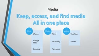 Media
iTunes
Google
Play
Pandora
Music
Flickr
Shutterfly
Facebook
Photos
YouTube
Vimeo
Videos
 