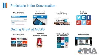 Participate in the Conversation
Getting Great at Mobile
MMA Smartbrief
Mobile Smart
Fundamentals
MMA
LinkedIn Group
Get So...