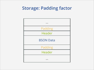 Storage: Padding factor


          ...

        Padding
        Header

       BSON Data

        Padding
        Header

          ...
 