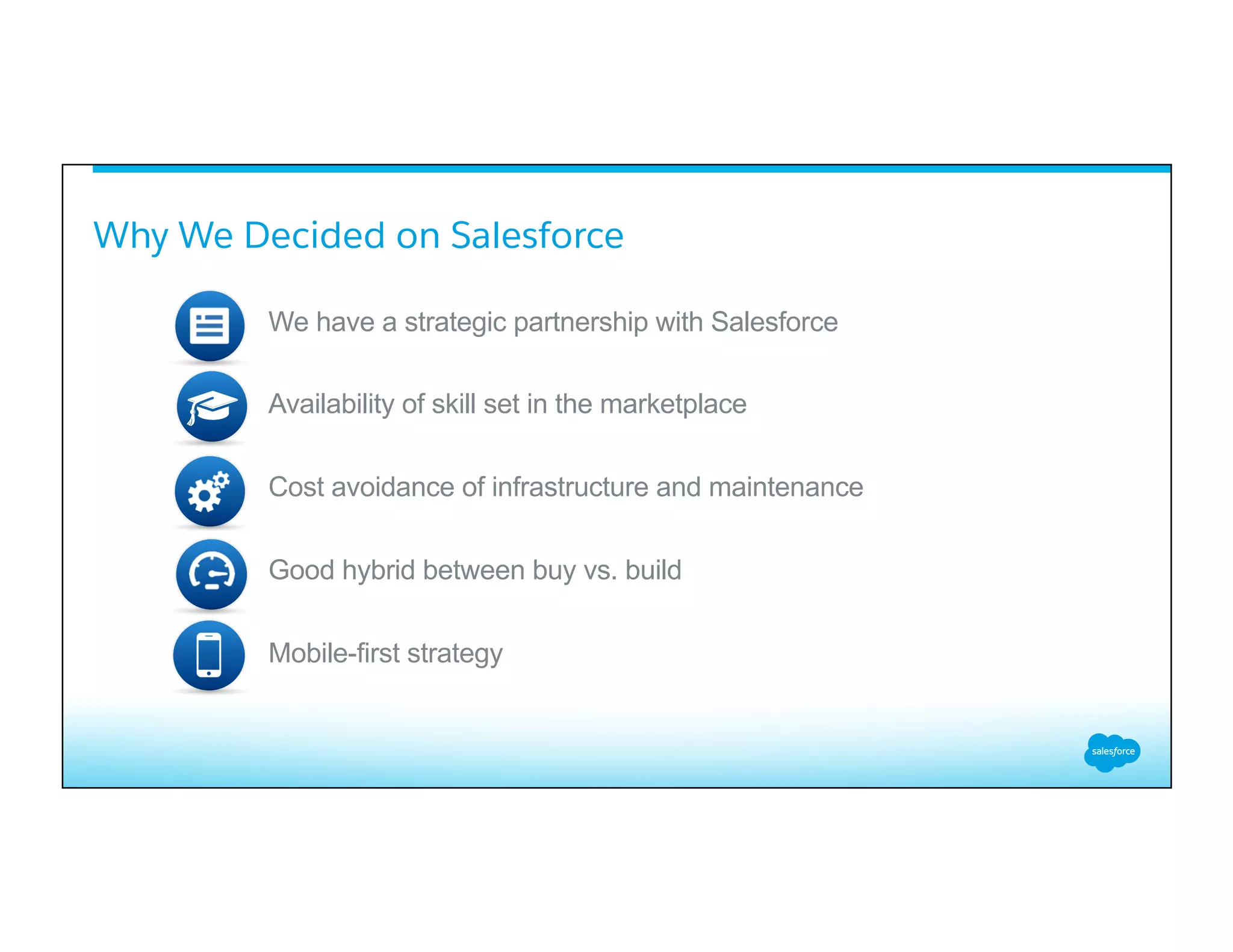 Why We Decided on Salesforce
We have a strategic partnership with Salesforce
Availability of skill set in the marketplace
Cost avoidance of infrastructure and maintenance
Good hybrid between buy vs. build
Mobile-first strategy
 