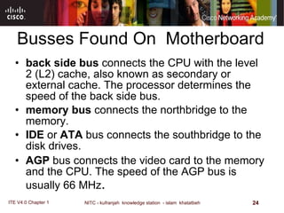 Busses Found On  Motherboard back side bus  connects the CPU with the level 2 (L2) cache, also known as secondary or external cache. The processor determines the speed of the back side bus.  memory bus  connects the northbridge to the memory.  IDE  or  ATA  bus connects the southbridge to the disk drives.  AGP  bus connects the video card to the memory and the CPU. The speed of the AGP bus is usually 66 MHz . 