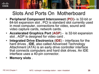Slots And Ports On  Motherboard  Peripheral Component Interconnect  ( PCI )- is 32-bit or 64-bit expansion slot , PCI is standard slot currently used in most computer, connections for video, sound and video capture cards, network cards.  Accelerated Graphics Port  ( AGP ) -  is 32-bit expansion slot , AGP is designed for video card .  Integrated Drive Electronics  ( IDE ) - interfaces for the hard drives ,  IDE , also called Advanced Technology Attachment (ATA) is an early drive controller interface that connects computers and hard disk drives. An IDE interface uses a 40-pin connector.  Memory slots  . 