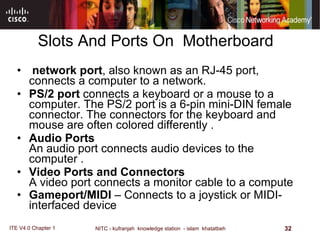 Slots And Ports On  Motherboard  network port , also known as an RJ-45 port, connects a computer to a network .  PS/2 port  connects a keyboard or a mouse to a computer. The PS/2 port is a 6-pin mini-DIN female connector. The connectors for the keyboard and mouse are often colored differently . Audio Ports An audio port connects audio devices to the computer . Video Ports and Connectors A video port connects a monitor cable to a compute Gameport / MIDI  – Connects to a joystick or MIDI - interfaced device   