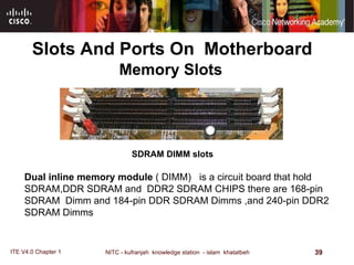    SDRAM   DIMM slots Dual inline memory module  ( DIMM)  is a circuit board that hold SDRAM,DDR SDRAM and  DDR2 SDRAM CHIPS there are 168-pin SDRAM  Dimm and 184-pin DDR SDRAM Dimms ,and 240-pin DDR2 SDRAM Dimms  Memory Slots Slots And Ports On  Motherboard   