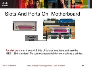 Slots And Ports On  Motherboard Parallel port Parallel ports  can transmit 8 bits of data at one time and use the IEEE 1284 standard. To connect a parallel device, such as a printer. 