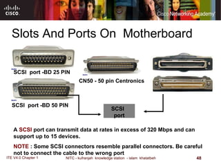 Slots And Ports On  Motherboard SCSI  port A  SCSI  port can transmit data at rates in excess of 320 Mbps and can support up to 15 devices.  NOTE  : Some SCSI connectors resemble parallel connectors .  Be careful not to connect the cable to the wrong port   SCSI  port -BD 25 PIN  SCSI  port -BD 50 PIN  CN50  -  50 pin Centronics   