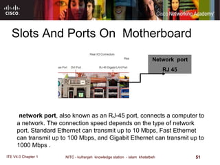Slots And Ports On  Motherboard Network  port  RJ 45 network port , also known as an RJ-45 port, connects a computer to a network .  The connection speed depends on the type of network port .  Standard Ethernet can transmit up to 10 Mbps, Fast Ethernet can transmit up to 100 Mbps, and Gigabit Ethernet can transmit up to 1000 Mbps . 