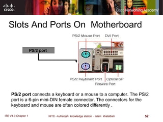 Slots And Ports On  Motherboard PS/2 port  PS/2 port  connects a keyboard or a mouse to a computer. The PS/2 port is a 6-pin mini-DIN female connector. The connectors for the keyboard and mouse are often colored differently . 