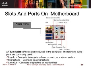 Slots And Ports On  Motherboard Audio Ports An  audio port  connects audio devices to the computer. The following audio ports are commonly used :  Line In – Connects to an external source, such as a stereo system  Microphone – Connects to a microphone  Line Out – Connects to speakers or headphones  