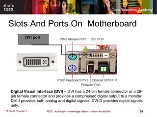 Slots And Ports On  Motherboard DVI port  Digital Visual Interface (DVI)  – DVI has a 24-pin female connector or a 29-pin female connector and provides a compressed digital output to a monitor. DVI-I provides both analog and digital signals. DVI-D provides digital signals only.  