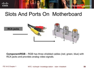 Slots And Ports On  Motherboard RCA jacks Component/RGB  – RGB has three shielded cables (red, green, blue) with RCA jacks and provides analog video signals.  