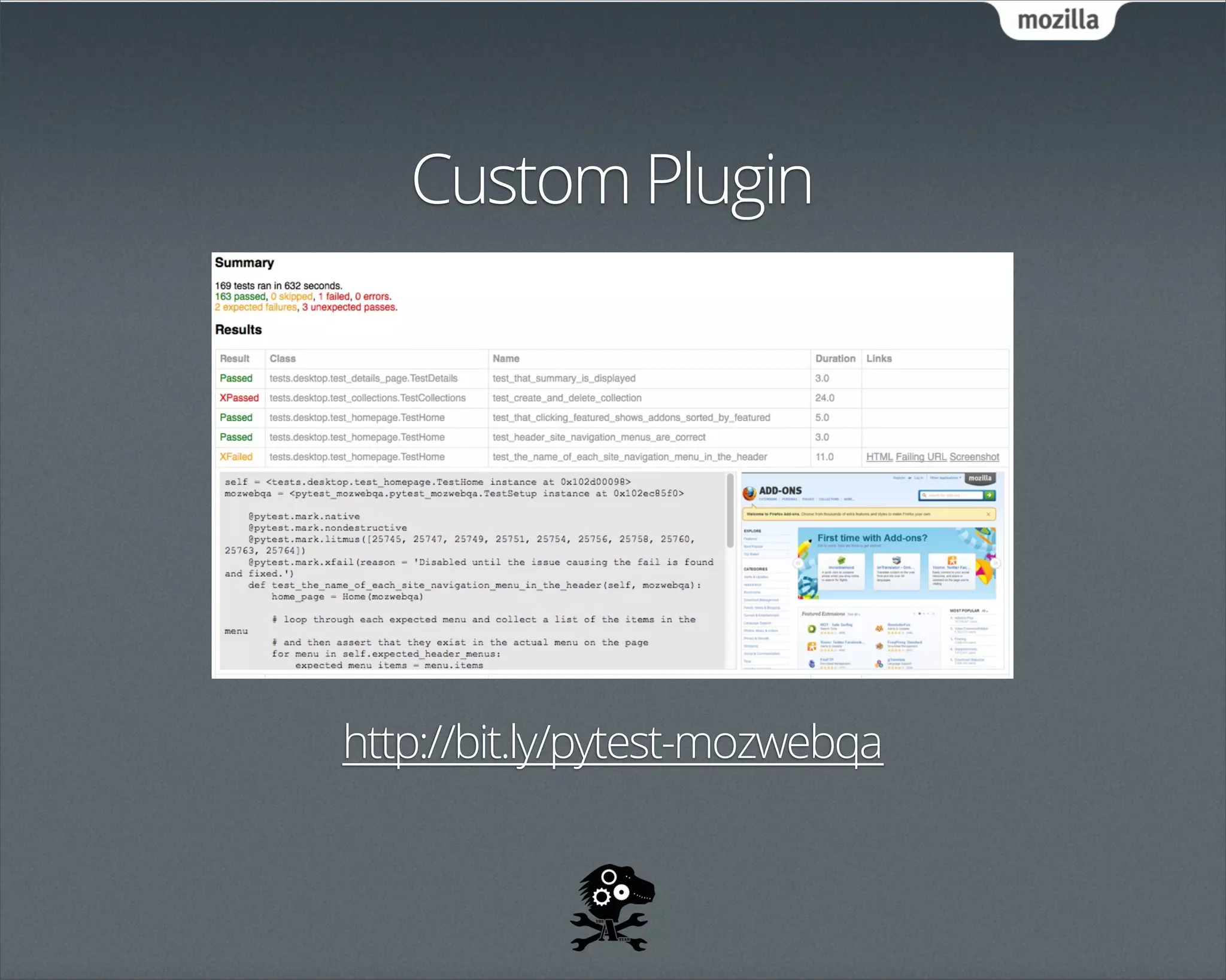 Custom Plugin




http://bit.ly/pytest-mozwebqa
 