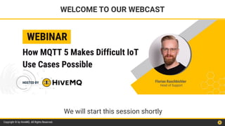 Copyright © by HiveMQ. All Rights Reserved.
WELCOME TO OUR WEBCAST
We will start this session shortly
 