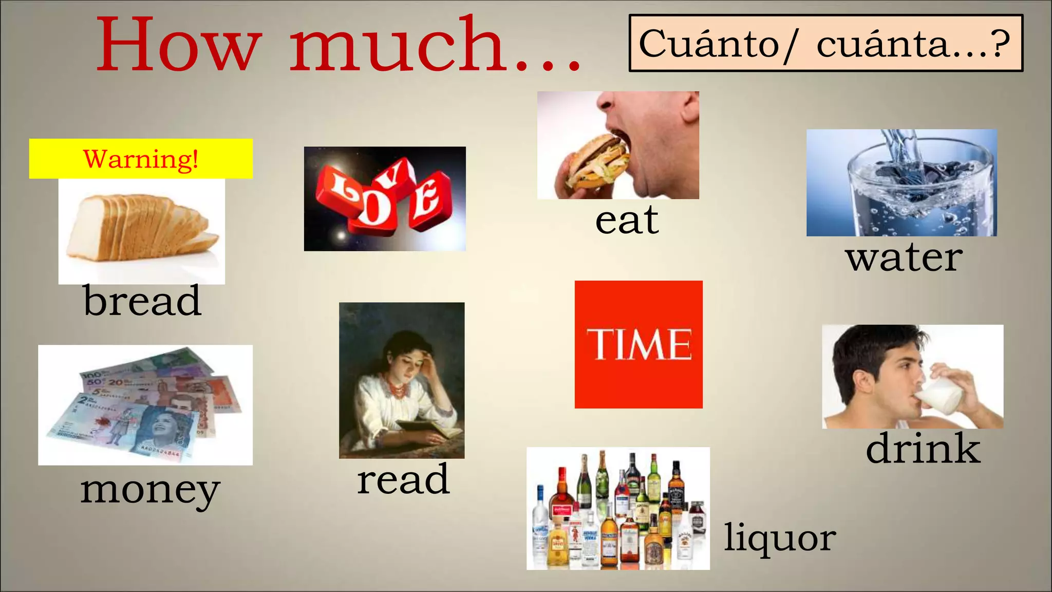 bread
How much… Cuánto/ cuánta…?
money
liquor
read
drink
eat
Warning!
water
 
