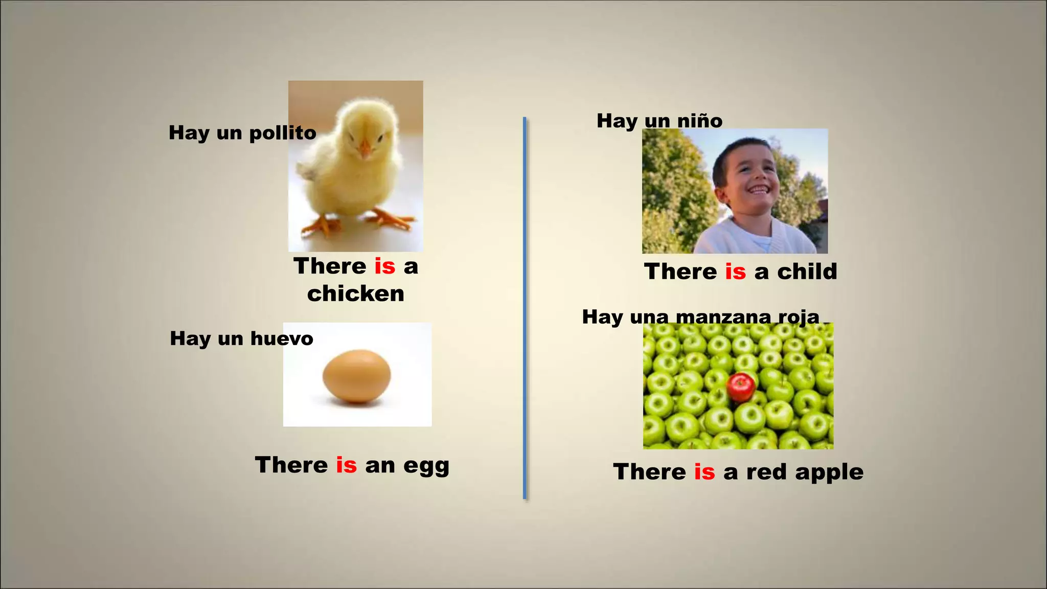 There is a
chicken
There is an egg
Hay un pollito
Hay un huevo
Hay un niño
There is a child
Hay una manzana roja
There is a red apple
 