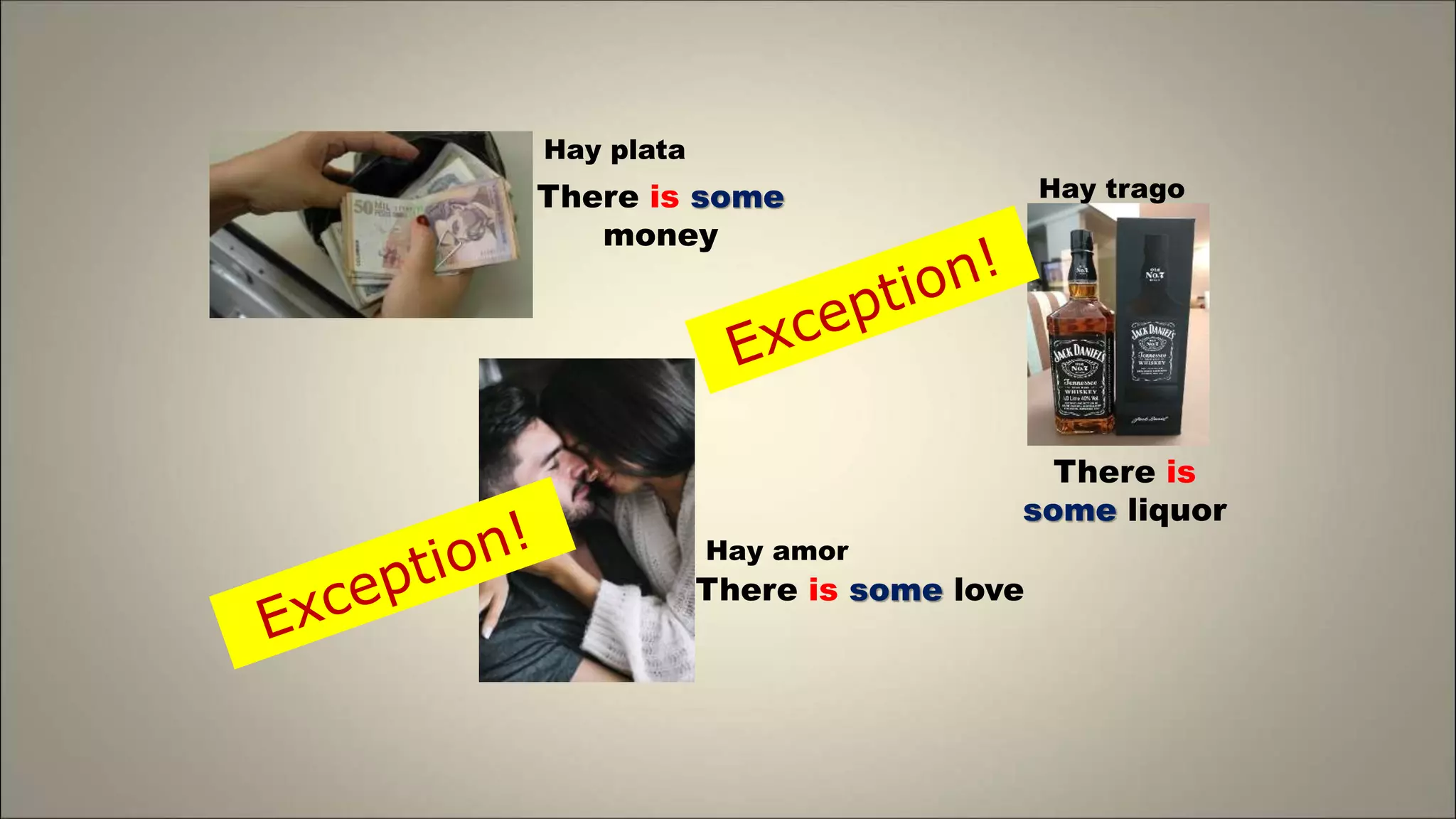 There is some
money
There is
some liquor
Hay plata
Hay trago
Hay amor
There is some love
 