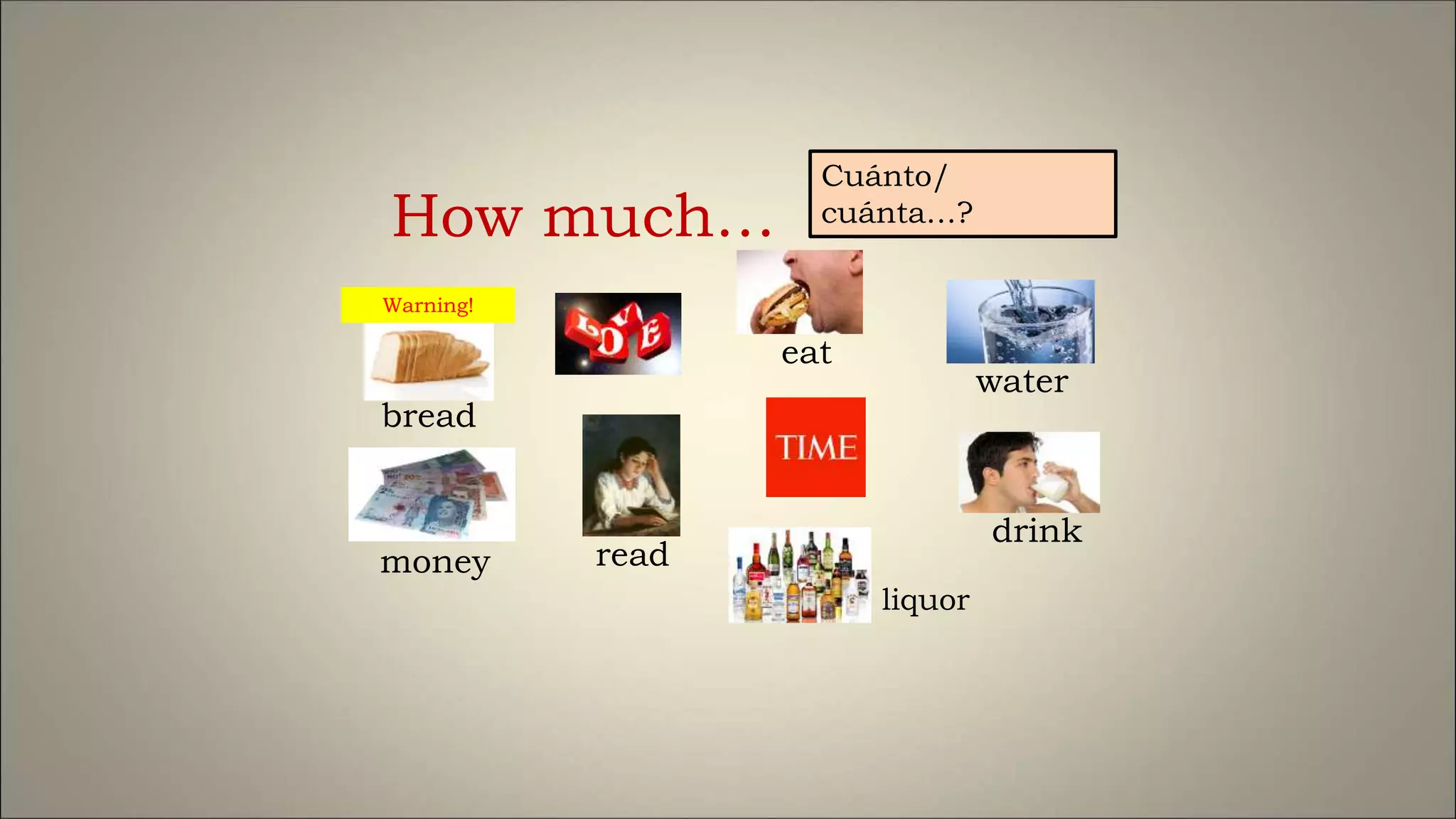 bread
How much…
Cuánto/
cuánta…?
money
liquor
read
drink
eat
Warning!
water
 