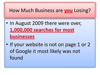 How Much Business are you Losing? In August 2009 there were over,  1,000,000 searches for most businesses If your website is not on page 1 or 2 of Google it most likely was not found 