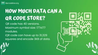HOW MUCH DATA CAN A
QR CODE STORE?
Maximum symbol size: 177x177
modules.
iQR code can have up to 31,329
squares and encode...
