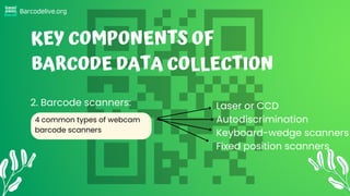 Barcodelive.org
4 common types of webcam
barcode scanners
KEY COMPONENTS OF
BARCODE DATA COLLECTION
2. Barcode scanners: L...