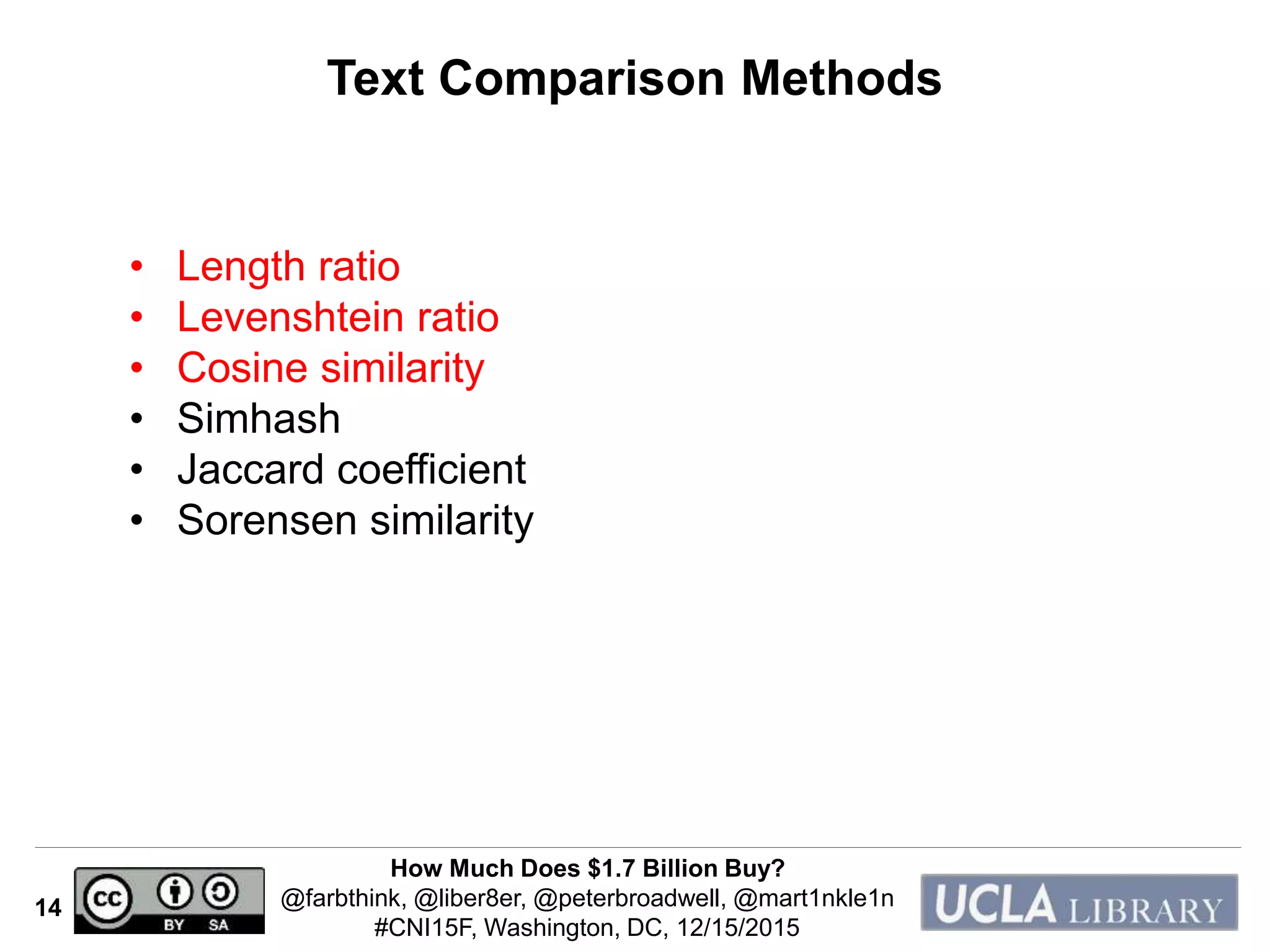 How Much Does $1.7 Billion Buy?
@farbthink, @liber8er, @peterbroadwell, @mart1nkle1n
#CNI15F, Washington, DC, 12/15/2015
14
Text Comparison Methods
• Length ratio
• Levenshtein ratio
• Cosine similarity
• Simhash
• Jaccard coefficient
• Sorensen similarity
 