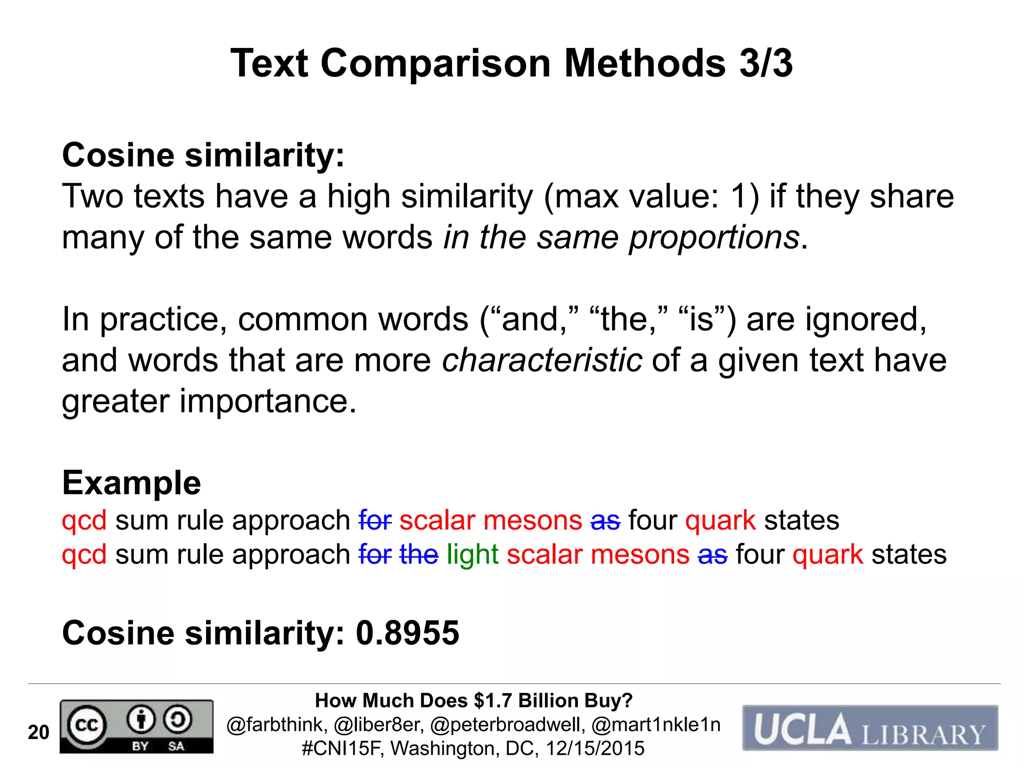 How Much Does $1.7 Billion Buy?
@farbthink, @liber8er, @peterbroadwell, @mart1nkle1n
#CNI15F, Washington, DC, 12/15/2015
20
Text Comparison Methods 3/3
Cosine similarity:
Two texts have a high similarity (max value: 1) if they share
many of the same words in the same proportions.
In practice, common words (“and,” “the,” “is”) are ignored,
and words that are more characteristic of a given text have
greater importance.
Example
qcd sum rule approach for scalar mesons as four quark states
qcd sum rule approach for the light scalar mesons as four quark states
Cosine similarity: 0.8955
 