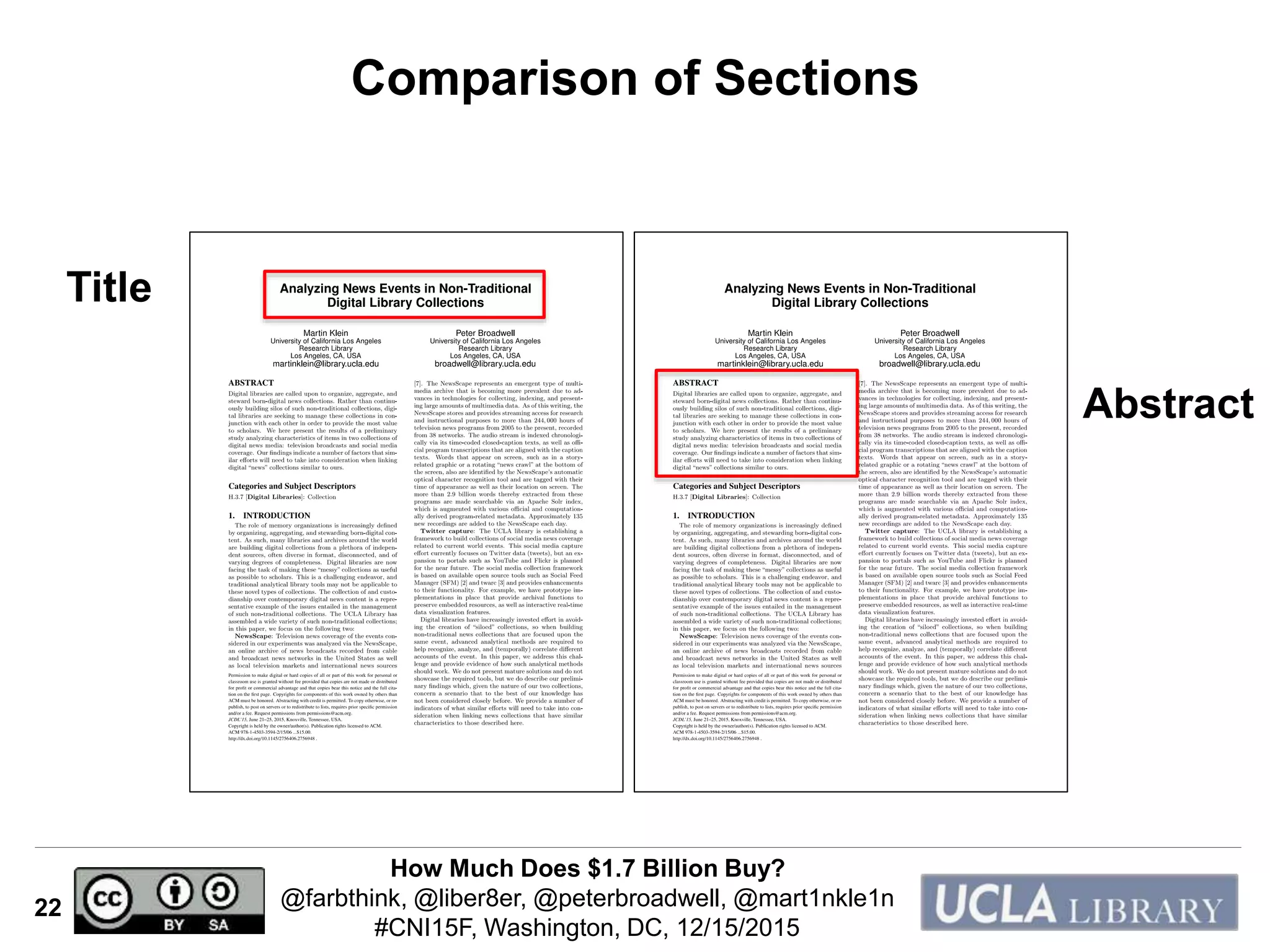 How Much Does $1.7 Billion Buy?
@farbthink, @liber8er, @peterbroadwell, @mart1nkle1n
#CNI15F, Washington, DC, 12/15/2015
22
Comparison of Sections
Title
Abstract
 