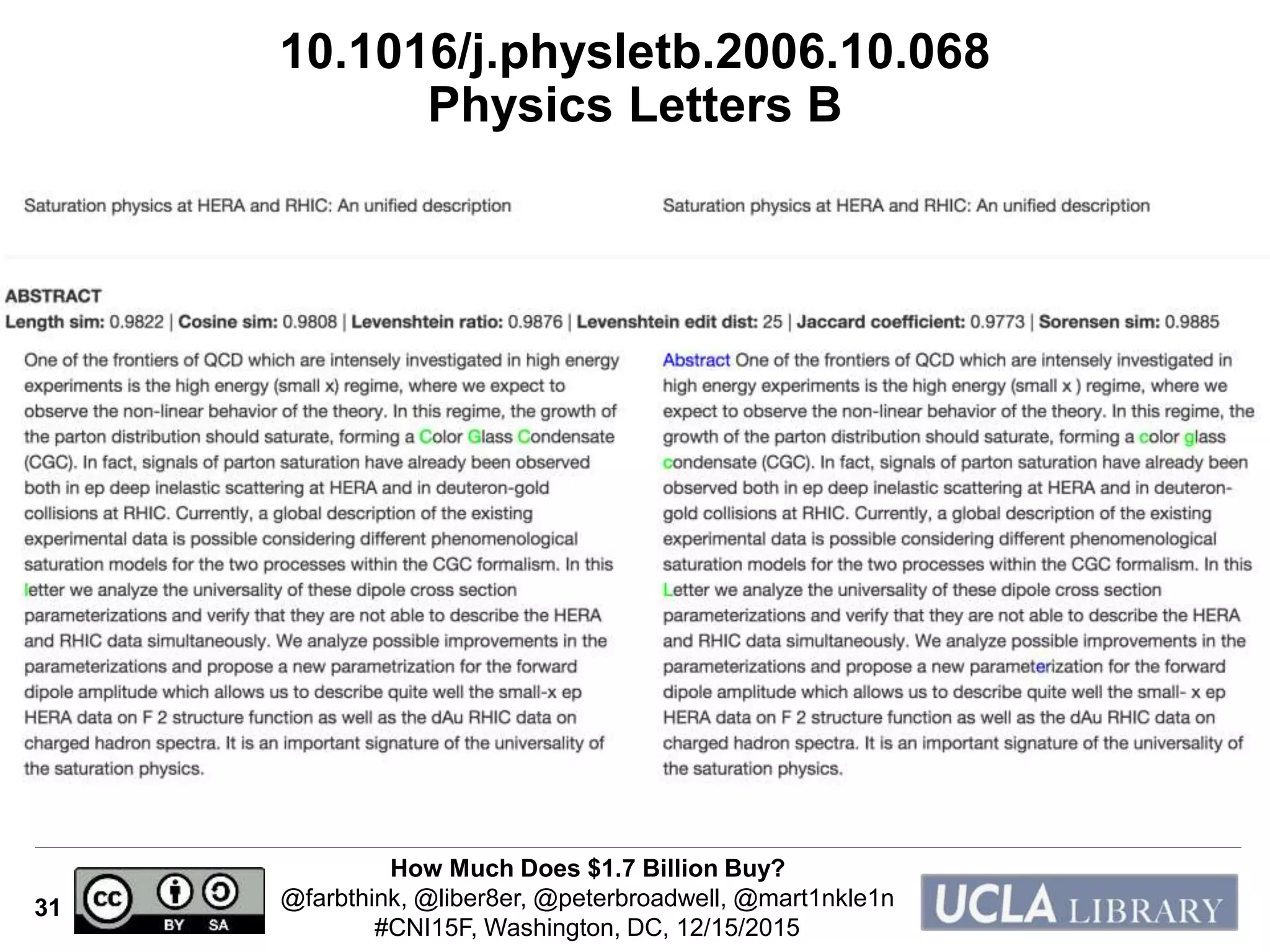 How Much Does $1.7 Billion Buy?
@farbthink, @liber8er, @peterbroadwell, @mart1nkle1n
#CNI15F, Washington, DC, 12/15/2015
31
10.1016/j.physletb.2006.10.068
Physics Letters B
 
