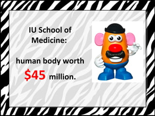IU School of 
Medicine: 
human body worth 
$45 million. 
 