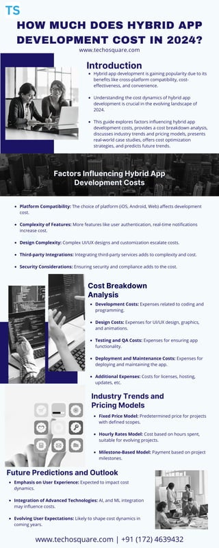 HOW MUCH DOES HYBRID APP
DEVELOPMENT COST IN 2024?
www.techosquare.com
Introduction
Hybrid app development is gaining popularity due to its
benefits like cross-platform compatibility, cost-
effectiveness, and convenience.
Understanding the cost dynamics of hybrid app
development is crucial in the evolving landscape of
2024.
This guide explores factors influencing hybrid app
development costs, provides a cost breakdown analysis,
discusses industry trends and pricing models, presents
real-world case studies, offers cost optimization
strategies, and predicts future trends.
Factors Influencing Hybrid App
Factors Influencing Hybrid App
Development Costs
Development Costs
Platform Compatibility: The choice of platform (iOS, Android, Web) affects development
cost.
Complexity of Features: More features like user authentication, real-time notifications
increase cost.
Design Complexity: Complex UI/UX designs and customization escalate costs.
Third-party Integrations: Integrating third-party services adds to complexity and cost.
Security Considerations: Ensuring security and compliance adds to the cost.
Cost Breakdown
Analysis
Development Costs: Expenses related to coding and
programming.
Design Costs: Expenses for UI/UX design, graphics,
and animations.
Testing and QA Costs: Expenses for ensuring app
functionality.
Deployment and Maintenance Costs: Expenses for
deploying and maintaining the app.
Additional Expenses: Costs for licenses, hosting,
updates, etc.
Industry Trends and
Pricing Models
Fixed Price Model: Predetermined price for projects
with defined scopes.
Hourly Rates Model: Cost based on hours spent,
suitable for evolving projects.
Milestone-Based Model: Payment based on project
milestones.
Future Predictions and Outlook
Emphasis on User Experience: Expected to impact cost
dynamics.
Integration of Advanced Technologies: AI, and ML integration
may influence costs.
Evolving User Expectations: Likely to shape cost dynamics in
coming years.
www.techosquare.com | +91 (172) 4639432
 