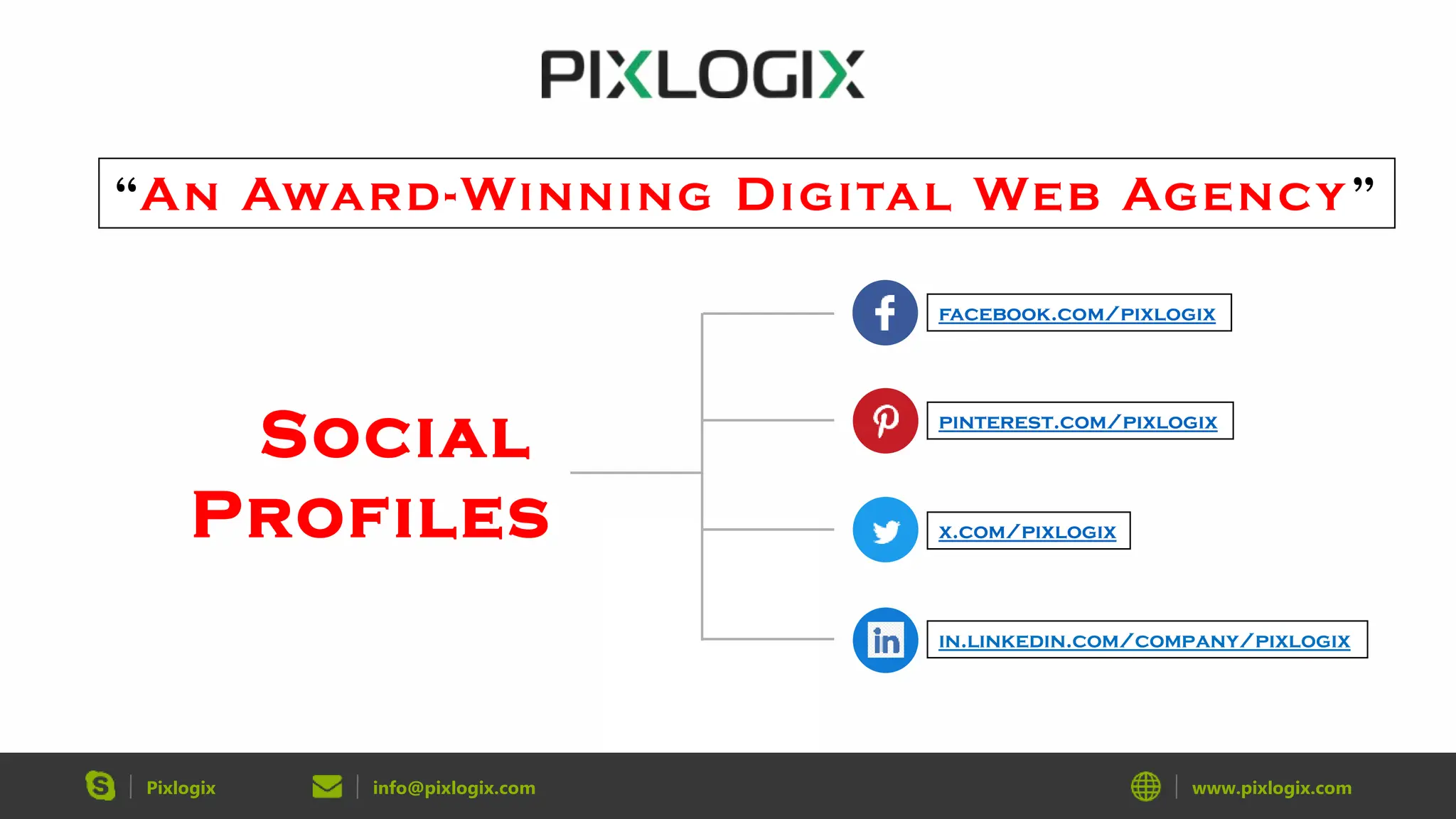 “An Award-Winning Digital Web Agency”
facebook.com/pixlogix
pinterest.com/pixlogix
in.linkedin.com/company/pixlogix
x.com/pixlogix
Pixlogix info@pixlogix.com www.pixlogix.com
Social
Profiles
 