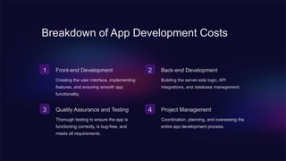 Breakdown of App Development Costs
1 Front-end Development
Creating the user interface, implementing
features, and ensuring smooth app
functionality.
2 Back-end Development
Building the server-side logic, API
integrations, and database management.
3 Quality Assurance and Testing
Thorough testing to ensure the app is
functioning correctly, is bug-free, and
meets all requirements.
4 Project Management
Coordination, planning, and overseeing the
entire app development process.
 