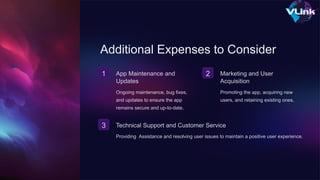 Additional Expenses to Consider
1 App Maintenance and
Updates
Ongoing maintenance, bug fixes,
and updates to ensure the app
remains secure and up-to-date.
2 Marketing and User
Acquisition
Promoting the app, acquiring new
users, and retaining existing ones.
3 Technical Support and Customer Service
Providing Assistance and resolving user issues to maintain a positive user experience.
 