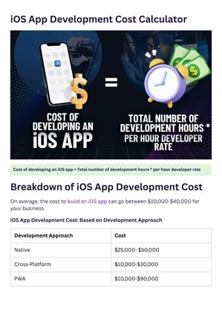 iOS App Development Cost Calculator
Breakdown of iOS App Development Cost
On average, the cost to build an iOS app can go between $10,000-$40,000 for
your business.
iOS App Development Cost: Based on Development Approach
Cost of developing an iOS app = Total number of development hours * per hour developer rate
Development Approach Cost
Native $25,000- $50,000
Cross-Platform $10,000-$30,000
PWA $10,000-$90,000
 