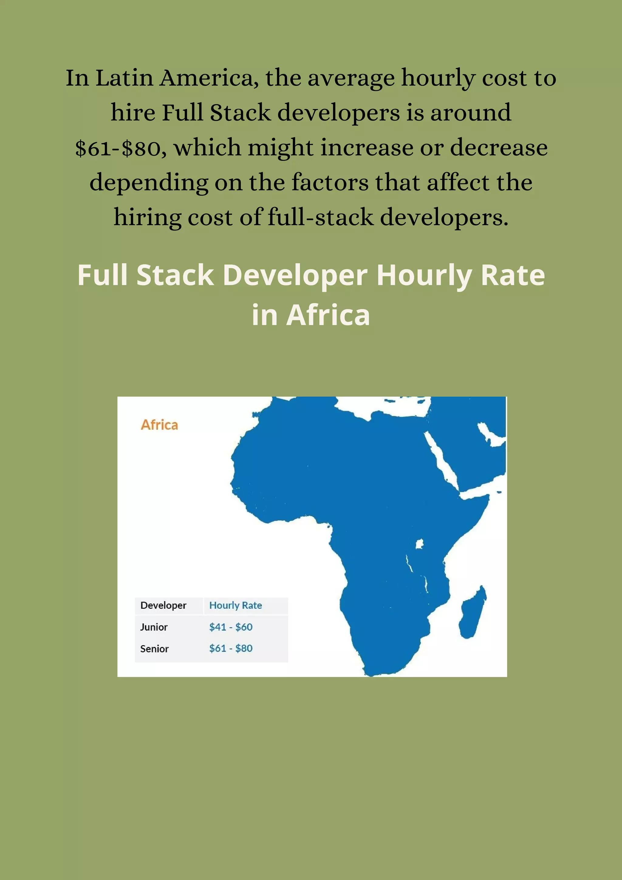 In Latin America, the average hourly cost to
hire Full Stack developers is around
$61-$80, which might increase or decrease
depending on the factors that affect the
hiring cost of full-stack developers.
Full Stack Developer Hourly Rate
in Africa
 