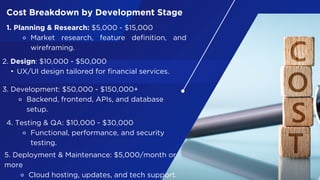 Cost Breakdown by Development Stage
1. Planning & Research: $5,000 - $15,000
⚬ Market research, feature definition, and
wireframing.
2. Design: $10,000 - $50,000
• UX/UI design tailored for financial services.
3. Development: $50,000 - $150,000+
⚬ Backend, frontend, APIs, and database
setup.
4. Testing & QA: $10,000 - $30,000
⚬ Functional, performance, and security
testing.
5. Deployment & Maintenance: $5,000/month or
more
⚬ Cloud hosting, updates, and tech support.
 