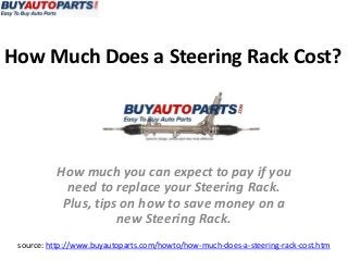 How Much Does a Steering Rack Cost?




          How much you can expect to pay if you
            need to replace your Steering Rack.
           Plus, tips on how to save money on a
                     new Steering Rack.
 source: http://www.buyautoparts.com/howto/how-much-does-a-steering-rack-cost.htm
 