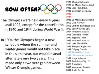 1924 Chamonix France1928 St. Moritz Switzerland1932 Lake Placid USA1936 Garmisch Germany19401944 1948 St. Moritz Switzerland1952 Oslo Norway1956 Cortina d’Ampezzo Italy1960 Squaw Valley USA1964 Innsbruck Austria1968 Grenoble France1972 Sapporo Japan1976 Innsbruck Austria1980 Lake Placid USA1984 Sarajevo Yugoslavia1988 Calgary Canada1992 Albertville France1994 Lillehammer Norway1998 Nagano Japan2002 Sault Lake City US2006 Turin Italy2010 Vancouver Canada2012 Sochi RussiaHow Often?The Olympics were held every 4 years until 1992, except for the cancellation in 1940 and 1944 during World War II.In 1994 the Olympics began a new     schedule where the summer and    winter games would not take place    in the same year, but would instead    alternate every two years.  This     made only a two year gap between     Winter Olympic games.